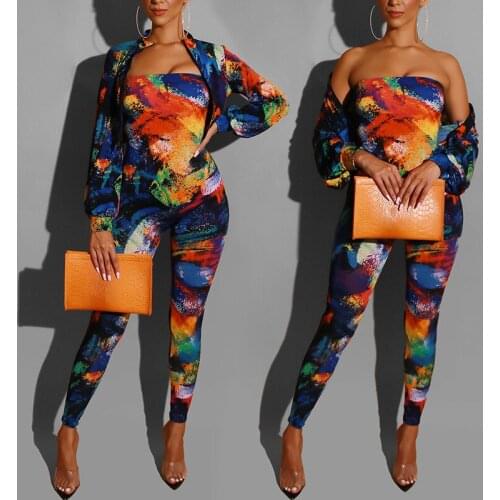Tie Dye Women Workout Set 2 Pieces Long Sleeve Cardigan Crop Top + Strapless Slim Long Jumpsuit Fashion Autumn Fall Clothings