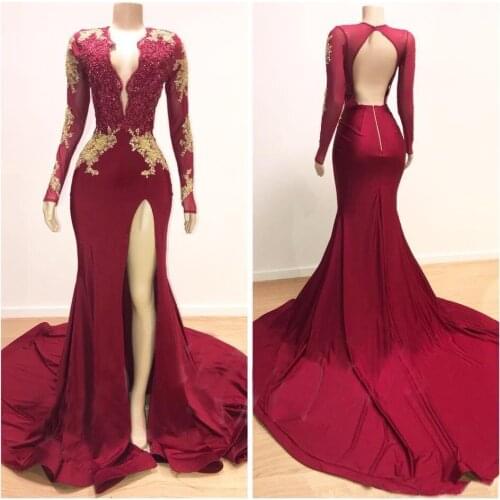 Burgundy Mermaid Prom Dresses 2020 V Neck Long Sleeves Evening Dress Sequined Beaded evening gowns for women Formal dress