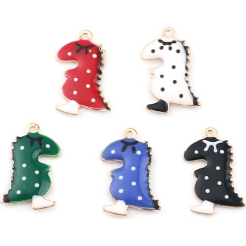 5 PCs Copper Double Sided Enamelled Sequins Dinosaur Animal Charms Gold Color Enamel Dinosaur Pendants 15mm x 9mm For DIY Making