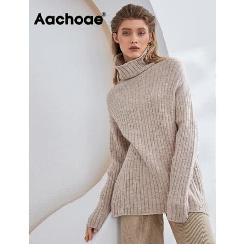 Aachoae Solid Turtleneck Sweater Women Striped Casual Pullover Sweater Female Batwing Long Sleeve All Match Ladies Tunic Tops