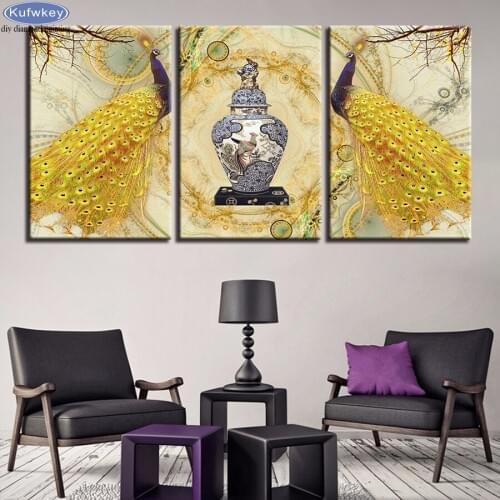 Needlework Diy Diamond Painting Cross Stitch 3 Pieces Golden Peacock Diamond Embroidery Full Square Round Mosaic Pictures