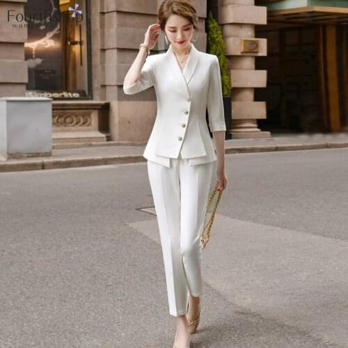 White Pant Suits For Women Office Lady Business Work Unform 2021 Fashion Blazer Set Plus Size Half Sleeve Jacket Trousers Suit