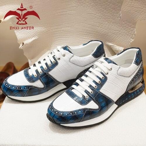 Pure God Shoes White Crocodile Leather 100% Handmade Shoes Men Lady Sneakers Sport Shoes Custom Make Patina Blue Designer Shoes