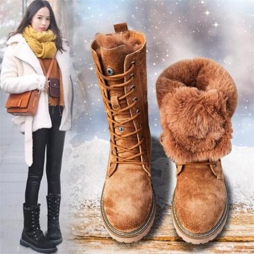 Ladies Wedge Shoes Genuine Leather Snow Boots Woman Winter Warm Boots Mid-Calf Ladies Platform Boots Womens Shoes Boots Female