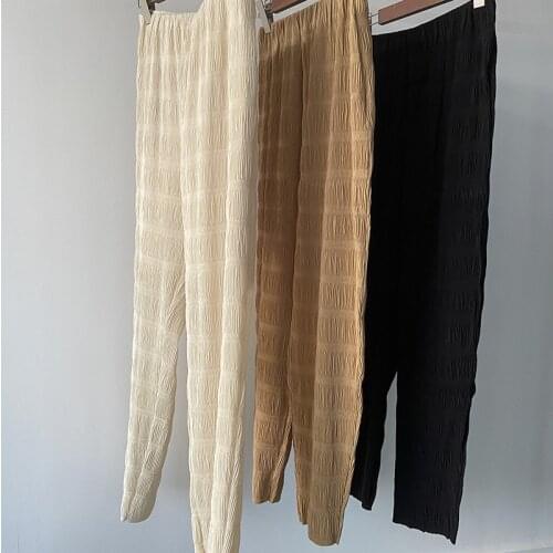 Elastic Waist Women Striped Pleated Long Pants Lady Casual Thin High Waist Simple Trousers Spring Summer