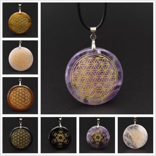 Flower of Life Stone Amulet Pendant Lapis Lazuli Tigers Eye for Protection Health Tigers Eye Necklace Men Woman