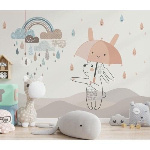 Custom size mural cartoon hand-painted rainbow bunny childrens room background wall paper home decoration mural 3d wallpaper