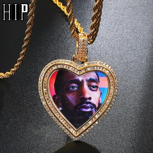 Hip Hop Custom Made Photo Heart Medallions Iced Out Bling AAA Cubic Zircon Personalized Necklace & Pendant For Men Jewelry