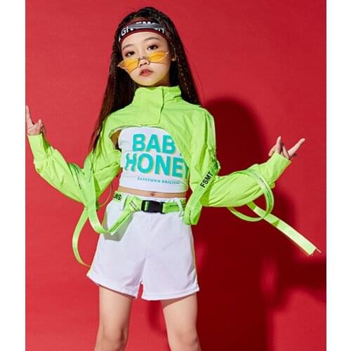 Jazz Hip Hop Dance Costume Fluorescent Green Crop Tops Girls Clothes Hip Hop Performance Clothing Catwalk Stage Costume BL6525