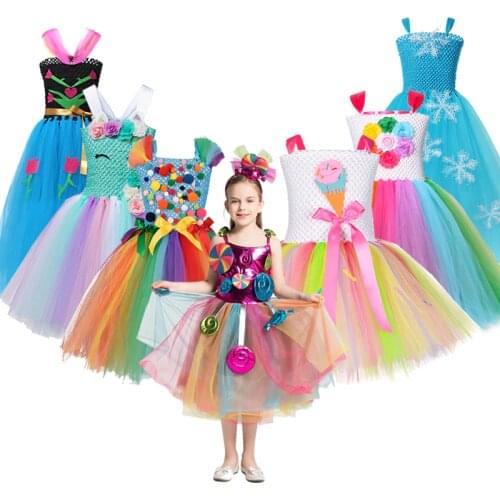 VOGUEON Summer Candy Rainbow Girls Dress Lollipop Modeling Frock Little Girl Costume Kids Unicorn Anna Elsa Clothes For Party