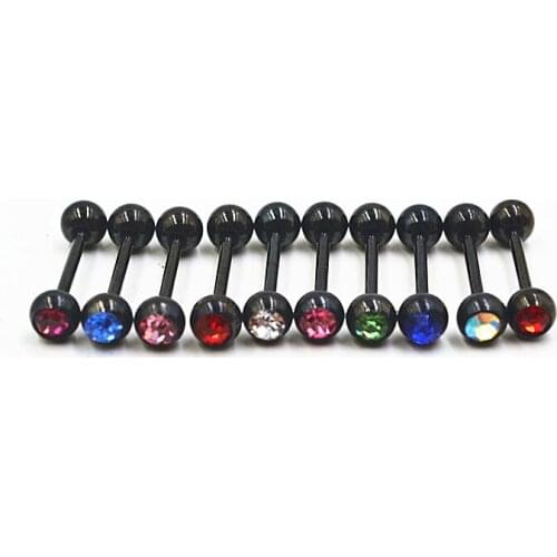 LOT50pcs Titanium Stainless Steel Crystal Tongue Ring Bar Nipple Barbells Body Piercing 14G~1.6mmx16mmx6mm