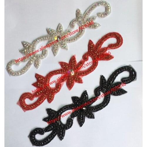 Fancy long flower crystal trims for garments clothes ornaments sewing-on red black rhinestone appliques fashion dress accessory