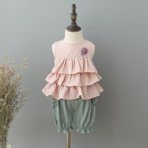 Fashion Girls Clothing Set Summer Baby Girls Clothes Layered Tops with Toy Flower+Lantern Shorts Children Clothes 4 Color