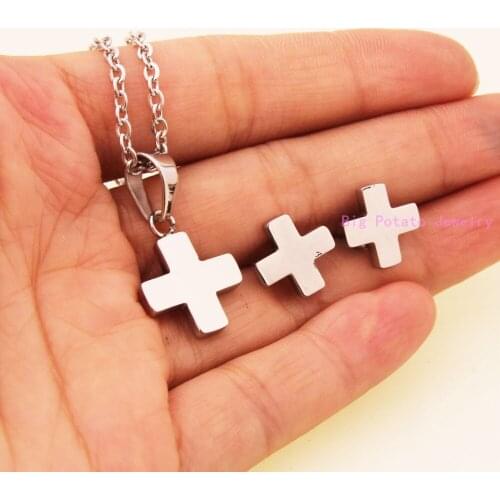 Simple 316L Stainless Steel Charming Women Anniversary Silver Color Cross Necklace Chain And Earrings Fashion Jewelry Sets