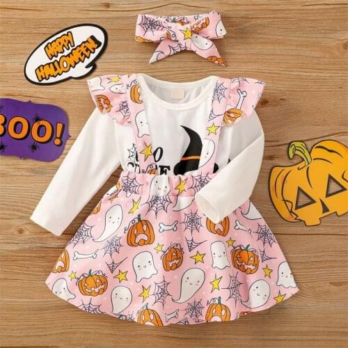 Autumn Newborn Girl Clothes Set Halloween Kids Girls Bat Pumpkin Romper Strap Skirt Headband Clothes Suit 3Pcs Baby Clothing Set
