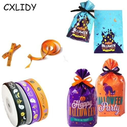 Halloween Candy Bag Orange Spider Web Ribbon Thread Ribbon Gift Wrap Flat Pocket Gift Box Package aa001