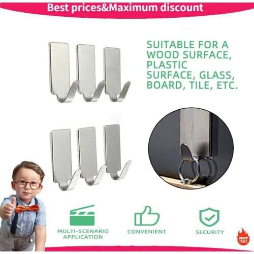 6PCS Self Adhesive Hooks Strong Hanger Home Wall Door Hanger Stainless Steel Holder Hook Hanger for Kitchen Bathroom