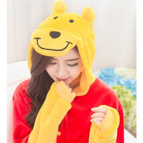 Adult Winnie Bear Kigurumi Women Men Cartoon Animal Cosplay Costume Winter Onesie Pajama Hooded Couple Funny Party Suit