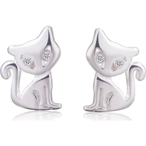 925 Sterling Silver Crystal Eyes Cat Stud Earrings For Women Girls Female Wedding Party Jewelry A188