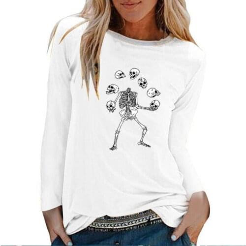 Skull Skeleton Printed Long Sleeve Top Women Autumn Winter Graphic Tees Gothic Harajuku White Crew Neck Clothes Mujer Camisetas