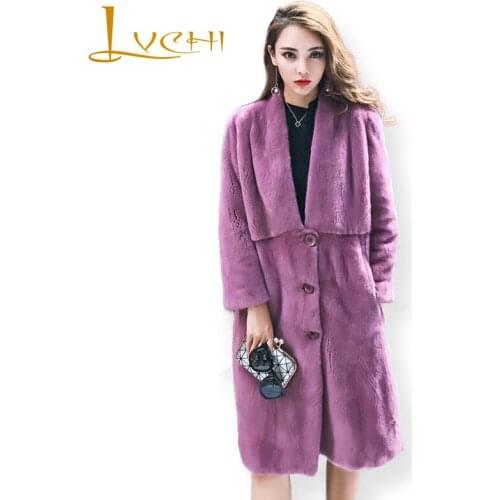 LVCHI Winter 2019 Female Solid Flower Elegant Long Real Mink Fur Coats Womens Button Purple V-Neck X-Long Causal Mink Coats