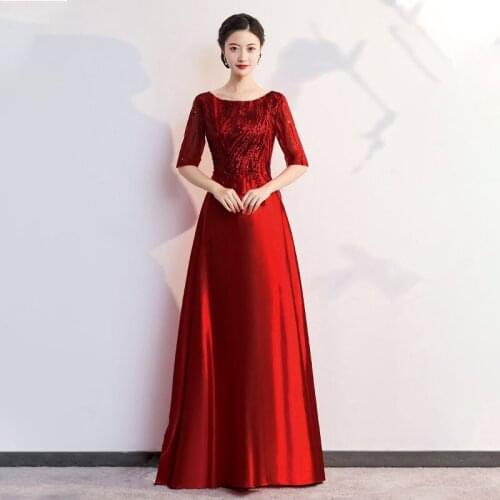 Evening Dress O-Neck Simple Half Sleeves Sequins Floor-length Elegant Burgundy A-Line Plus size Women Formal Party Dresses C1309