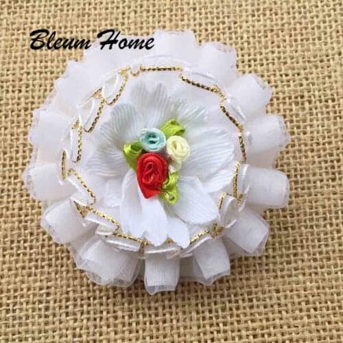 2pcs Bleum Home white flower Three colors buds Golden lace Hair Accessories Girls scrunchies Children kids Headwear Hair band