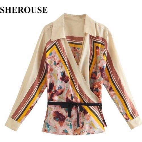 2021 Vintage Women Fashion Printed Blouses Shirt with sashes Crossover V-neck Long Sleeves Chic Lady Shirts Woman Tops