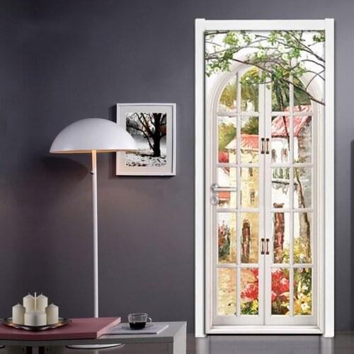 3D Door Sticker Window Landscape Art Mural Wall Decals Living Room Door Stickers Self Adhesive Removable Wallpaper Home Decor