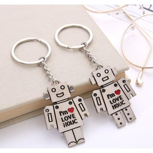 Funny Color Gold Steel Robot Men and Women Couples' KeyChains Lovers Fashion Car Bag Keyring Pendant Valentines Day Gifts