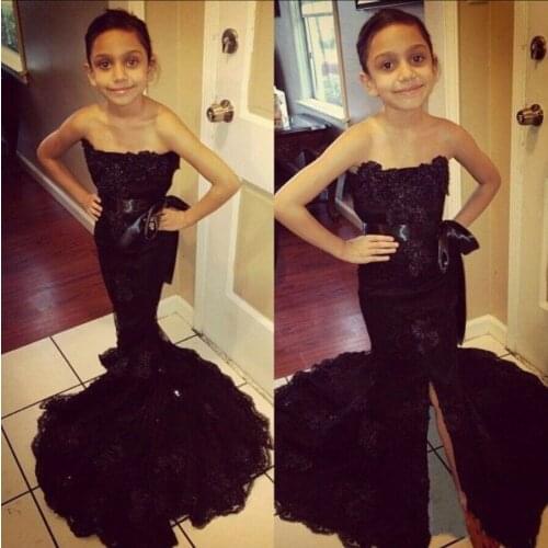 Black Lace Mermaid Little Girl Pageant Gowns Little Girl Prom Dresses Strapless Floor Length Flower Girl Dresses 2020