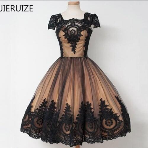 JIERUIZE Black Lace Appliques Tea Length Evening Dresses Ball Gown Cap Sleeves Mother of the Bride Dresses Formal Dresses