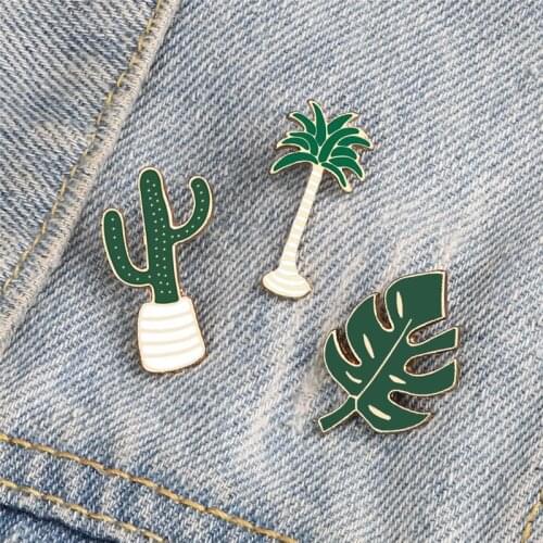 Monstera Potted Plant Enamel Pins Cactus Coconut Tree Custom Cute Cartoon Lapel Brooch Bag Jacket Badge Accessories Jewelry Gift