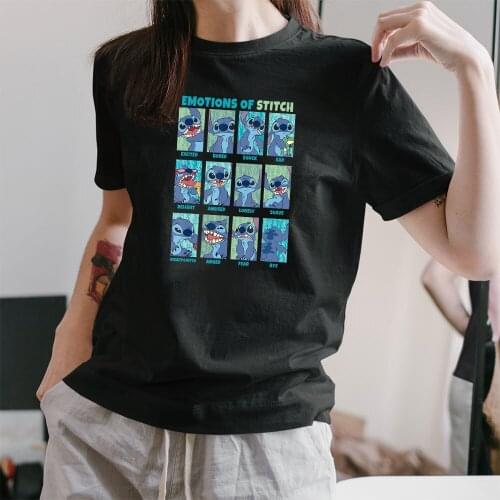 Disney Lilo & Stitch Emotions Of Stitch Panels Black T Shirt Women Harajuku Korean Style Graphic Tops Kawaii Female T-shirt