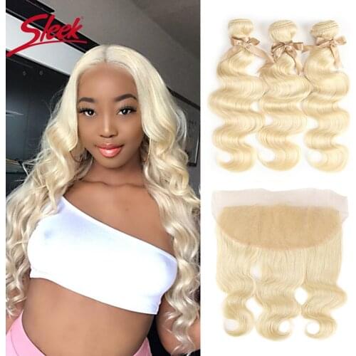 Sleek 613 Honey Blonde Bundles With Frontal Human Hair Bundles Blonde Peruvian Body Wave Hair 3/4 Bundles With Frontal Closure