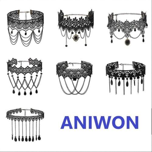 Gothic Choker Necklace Ethnic Retro Lolita Bead Choker Tattoo Black Lace Collar Choker Women Collar Neck Jewelry Accessories