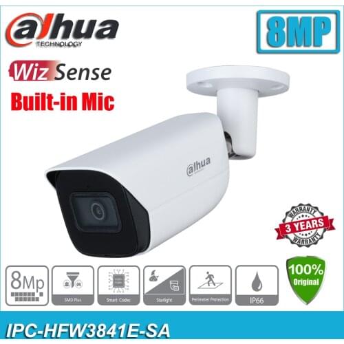 Dahua IPC-HFW3841E-SA 8MP 4K Starlight IR H.265 AI Function PoE Bullet WizSense Network CCTV IP Camera HFW3841E-SA Built-in Mic