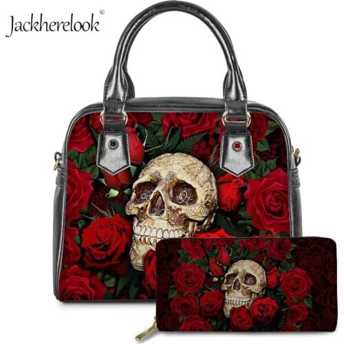 Jackherelook Skull with Rose Pattern Funny Tote Messenger Bag Coin Purse Set for Girl Luxury Female Pu Leather Handbag Moneybag