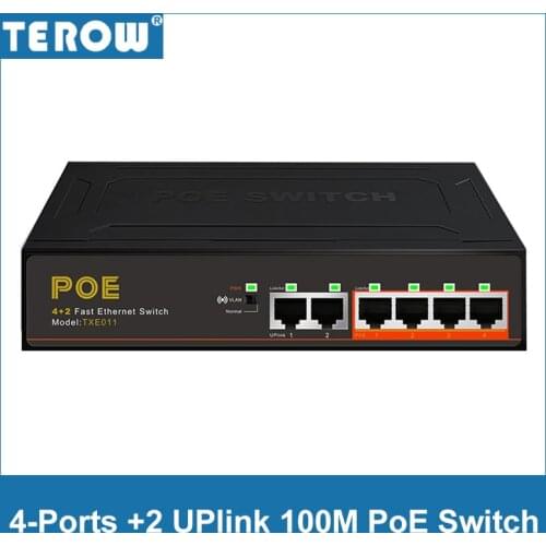 TEROW 4-Port +2 UP-link 100Mbps Poe Switch Fast Ethernet Network 250M Transmission 52V 1.25A VLAN Isolation Series Power Connect