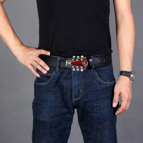 Unisex Cowboy Music Guitar Shape Buckle Leather Belt Jeans Belt Accessories
