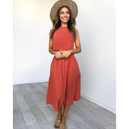Hot selling fashion round neck sleeveless solid color thin womens two piece skirt set