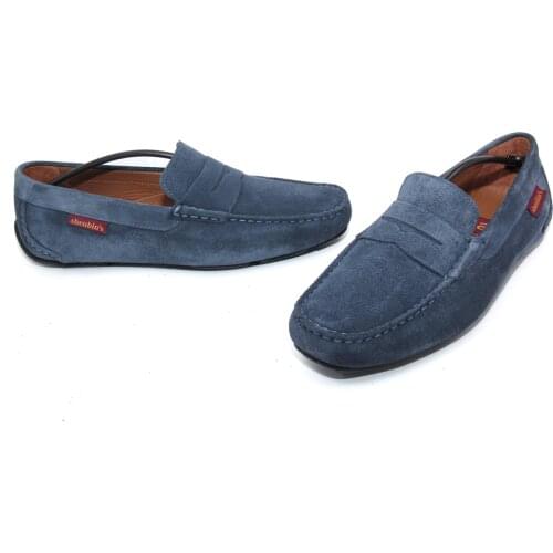 Handmade Penny Loafers with Flat Flexible Sole, Dark Steel Blue Cow Suede, Full Leather Insole, Casual Daily Comfort Mens Shoes