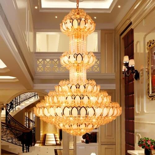 Lotus Crystal Chandelier Lighting Fixture LED Gold Crystal Chandeliers Long Big Hotel Lobby Hall Villa Droplight Hanging Lamps