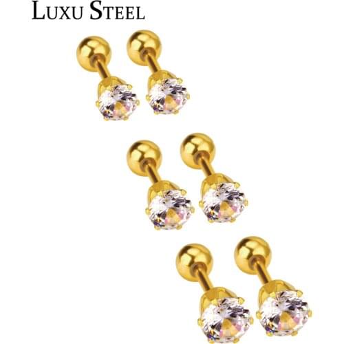LUXUSTEEL Anti-allergy Round CZ Earrings Women Girl Stainless Steel Screw Stud Earring Fashion Brinco Surgical Steel Earrings