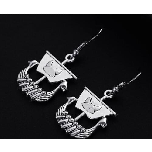 Trendy Vintage Viking Ships Shape Dangle Antique Silver Plated Cute Drop Earrings for Women Girl Retro Punk Jewelry
