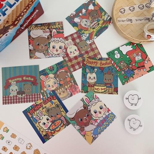 Cartoon Cute Decorative Card Bear Rabbit Birthday Party Retro Cake Postcard 9 Sheets Double Sided Diy Wall Sticker Photo Props