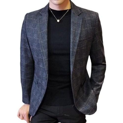 Men Vintage Plaid Blazer British Stylish Male Suit Jacket Business Casual One Button Blazer British Style Blazer