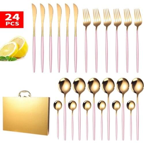 Stainless Steel Gold Dinnerware Set 24Pcs/set Pink Gold Dinner Knife Fork Spoon Cutlery Set Kitchen Tableware Silverware Sets