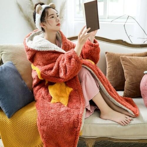 Nightgown for Women Sleepwear Robe Cute Warm Winter Thick Flannel Long Plush Pajamas Bath Robe Kimono Robe Home Clothes fluffy