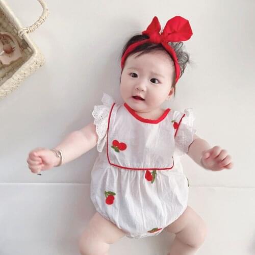 Newborn Baby Girls Clothes Cherry Baby Romper With Headband Toddler Girls Playsuit Summer Infant Baby Jumpsuit Princess For Girl